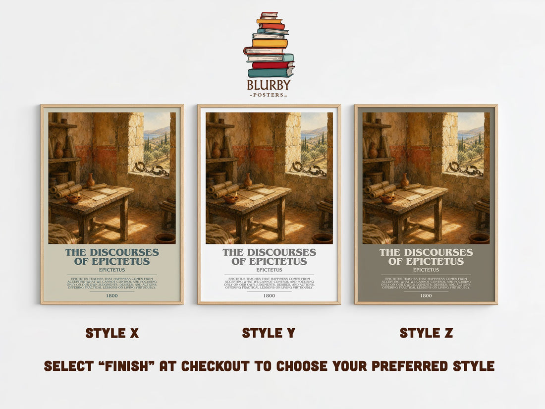 The discourses of Epictetus bookish print in frame leaning in hallway – philosophy wall art (mockup)