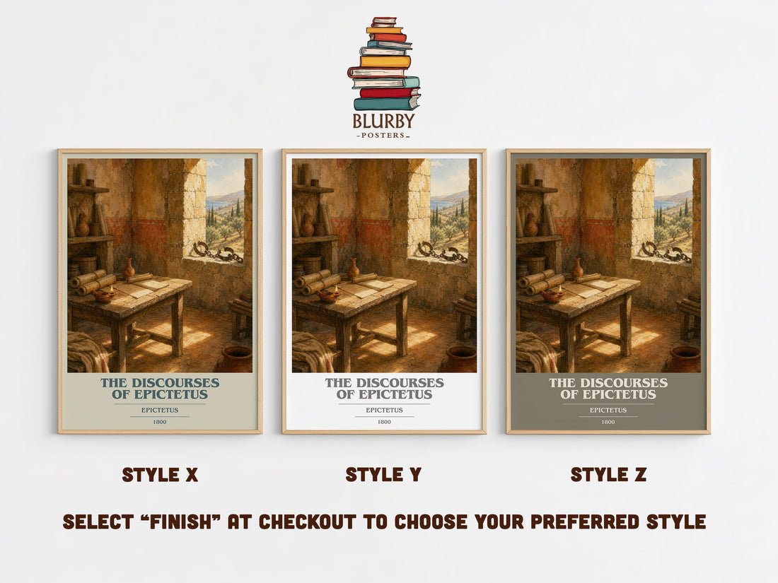 The discourses of Epictetus book cover print in frame leaning in hallway – philosophy wall art (mockup)
