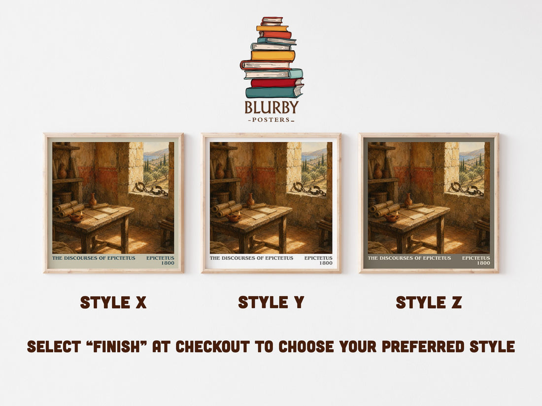 The discourses of Epictetus literary print in frame leaning in hallway – philosophy wall art (mockup)