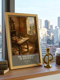 The discourses of Epictetus book cover print framed by window – literary home decor