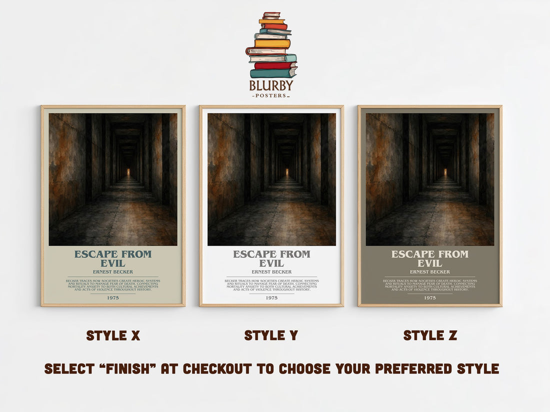 Escape from Evil bookish print in frame leaning in hallway – philosophy wall art (mockup)