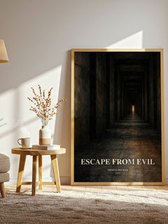 Escape from Evil watercolour print in frame leaning in hallway – philosophy wall art