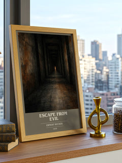 Escape from Evil book cover print framed by window – literary home decor