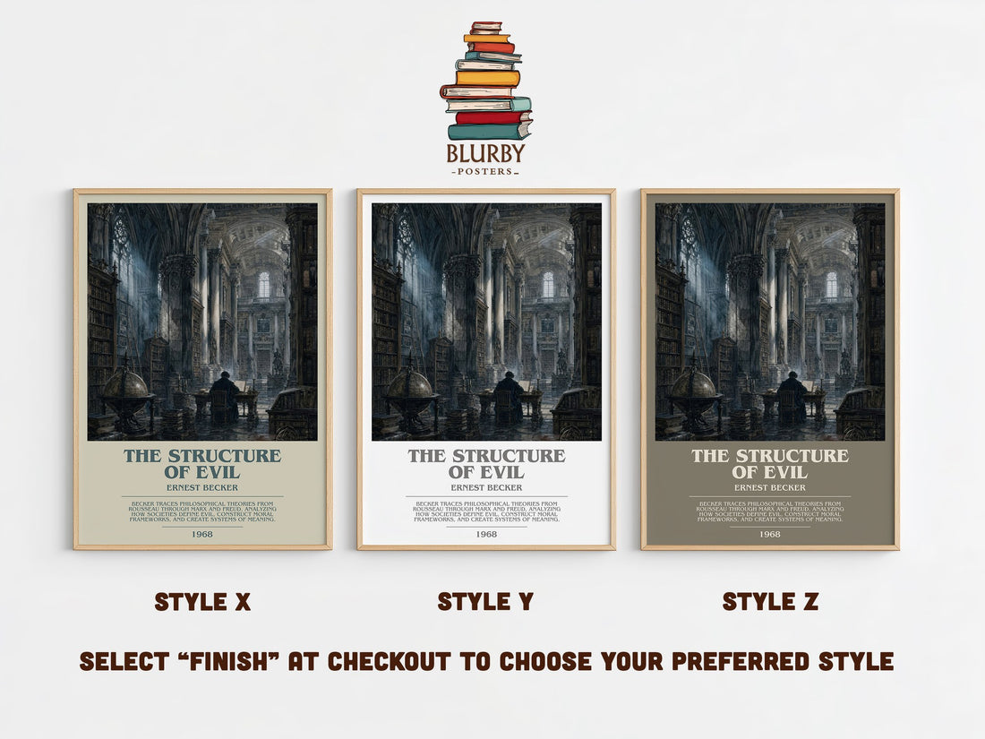 The structure of evil bookish print in frame leaning in hallway – philosophy wall art (mockup)