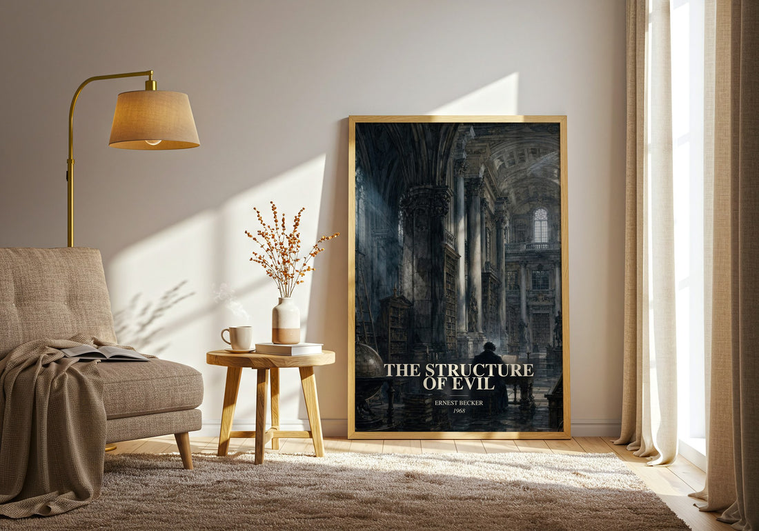 The structure of evil watercolour print in frame leaning in hallway – philosophy wall art