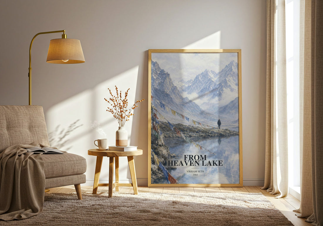 From Heaven Lake watercolour print in frame leaning in hallway – non fiction wall art