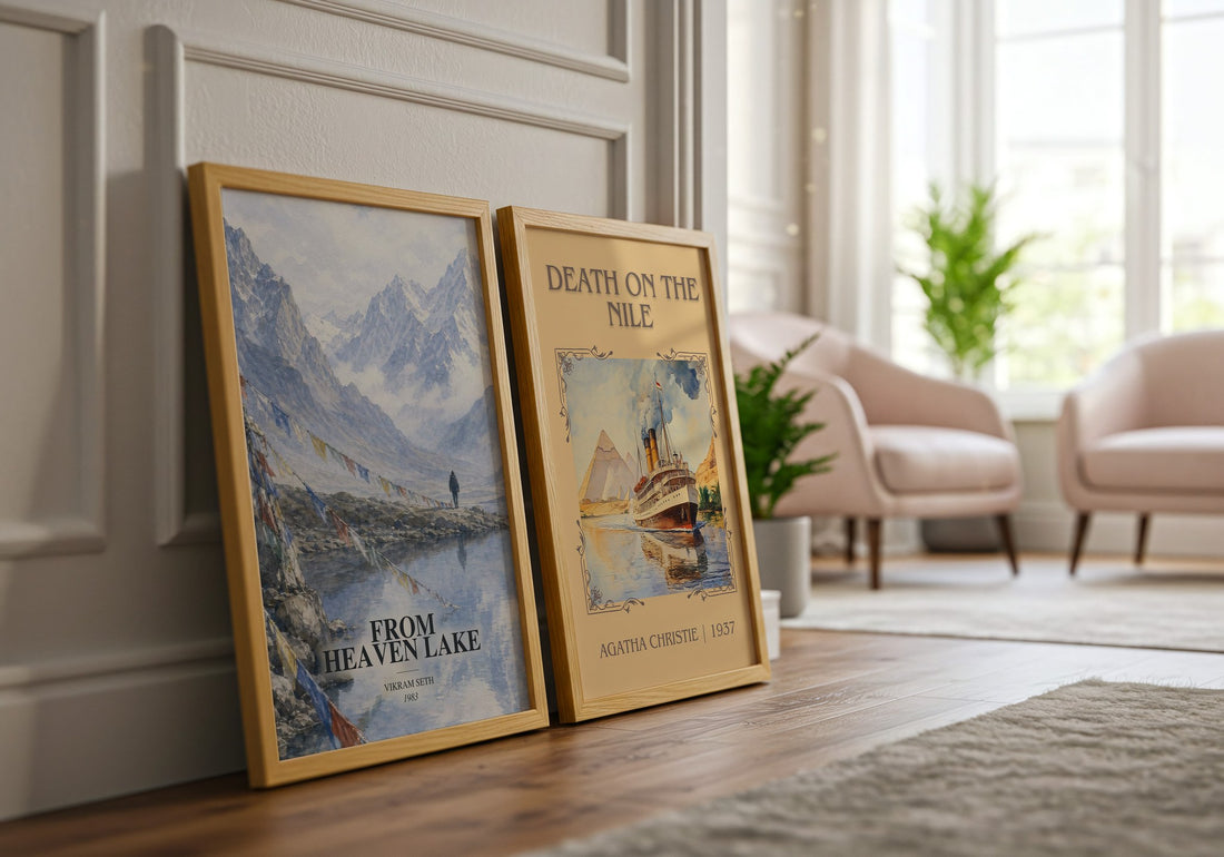 From Heaven Lake watercolour print framed by window – literary home decor