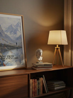 From Heaven Lake watercolour print on bookshelf – Vikram Seth fan gift