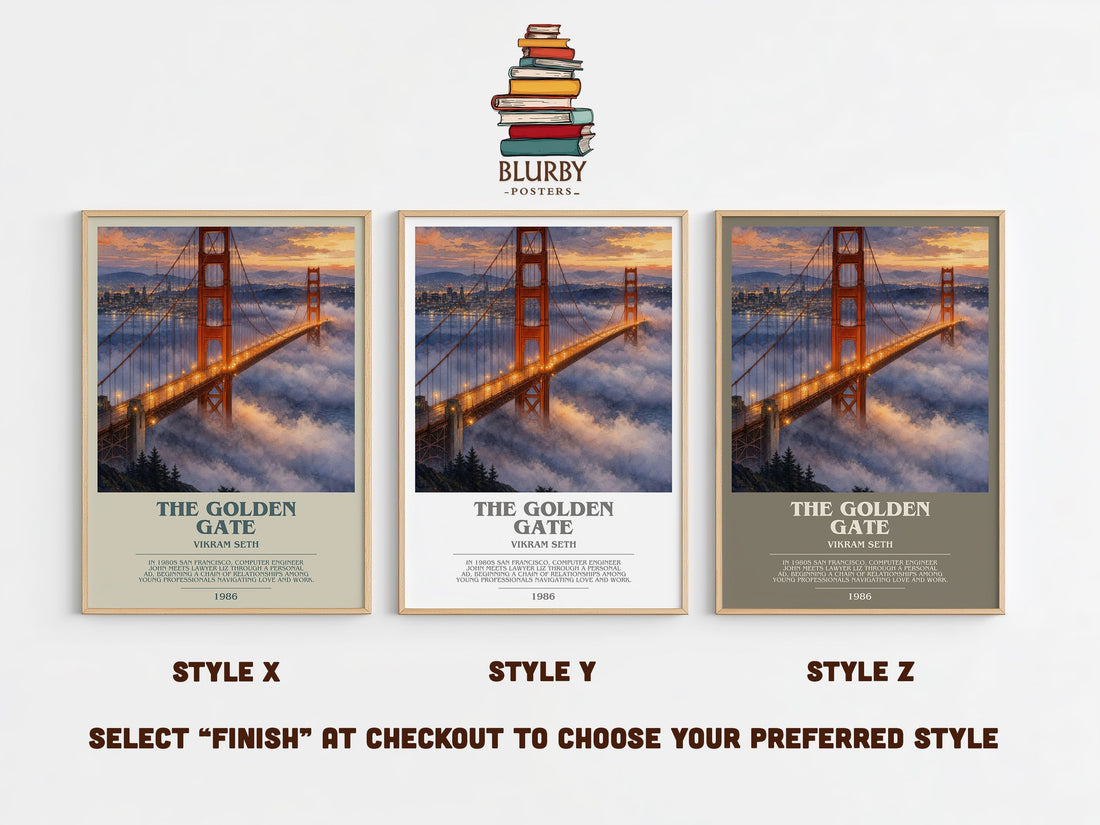 The Golden Gate bookish print in frame leaning in hallway – contemporary fiction wall art (mockup)
