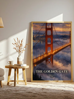 The Golden Gate watercolour print in frame leaning in hallway – contemporary fiction wall art