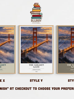 The Golden Gate book cover print in frame leaning in hallway – contemporary fiction wall art
