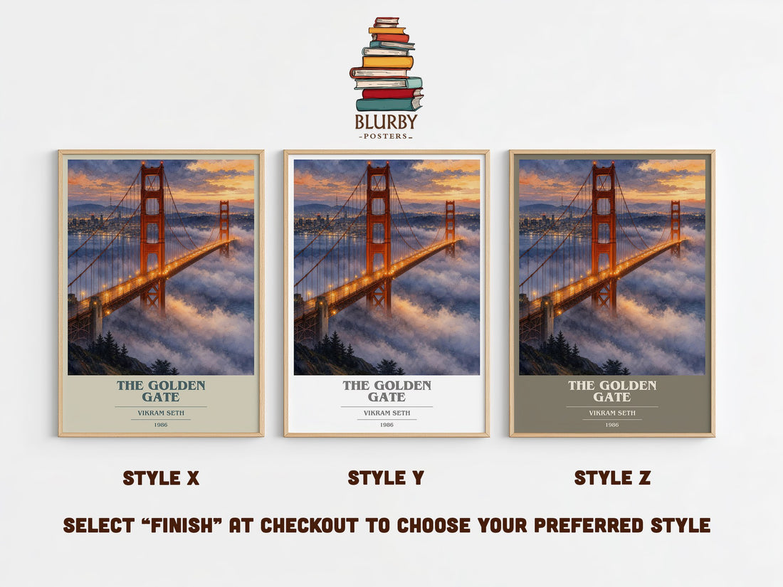 The Golden Gate book cover print in frame leaning in hallway – contemporary fiction wall art (mockup)