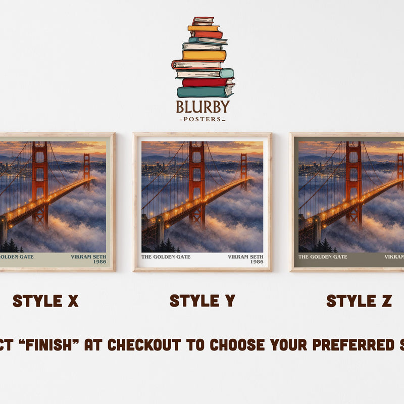 The Golden Gate literary print in frame leaning in hallway – contemporary fiction wall art