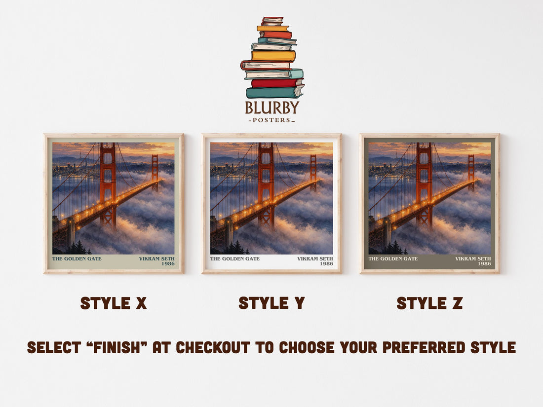 The Golden Gate literary print in frame leaning in hallway – contemporary fiction wall art (mockup)