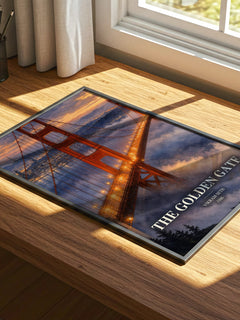 The Golden Gate watercolour book poster framed on wall – contemporary fiction wall art