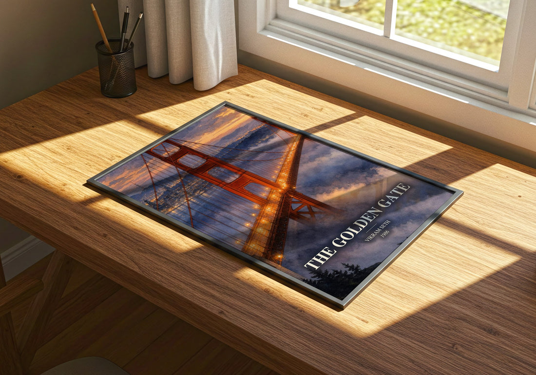 The Golden Gate watercolour book poster framed on wall – contemporary fiction wall art