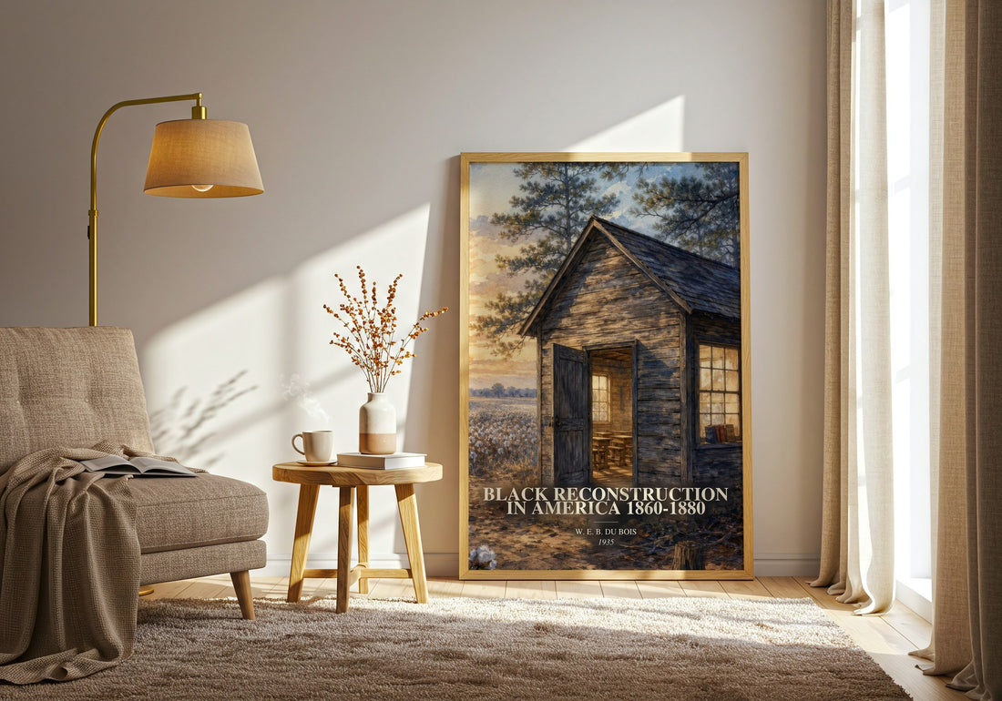 Black reconstruction in America 1860-1880 watercolour print in frame leaning in hallway – non fiction wall art