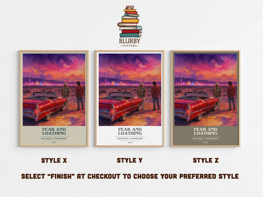 Fear and Loathing book cover print in frame leaning in hallway – literary fiction wall art (mockup)