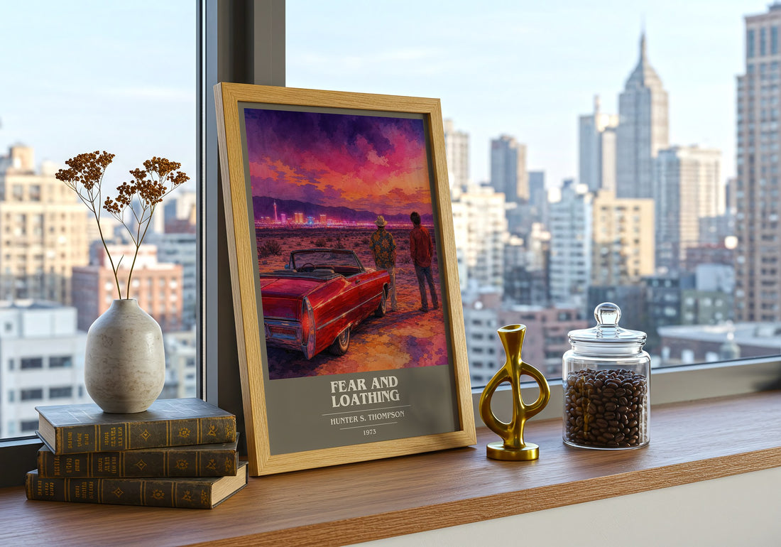 Fear and Loathing book cover print framed by window – literary home decor