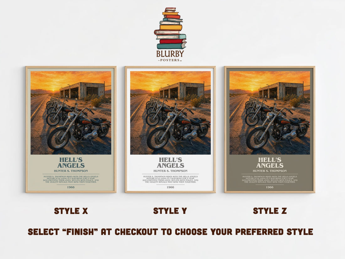 Hell's Angels bookish print in frame leaning in hallway – non fiction wall art (mockup)