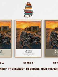 Hell's Angels book cover print in frame leaning in hallway – non fiction wall art