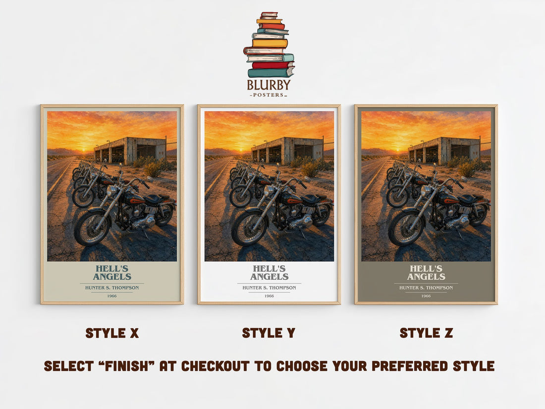 Hell's Angels book cover print in frame leaning in hallway – non fiction wall art (mockup)