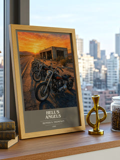 Hell's Angels book cover print framed by window – literary home decor
