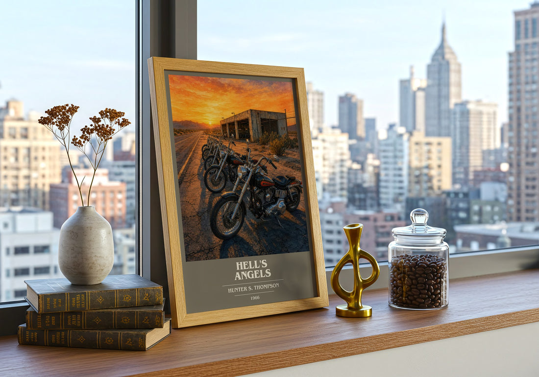 Hell's Angels book cover print framed by window – literary home decor
