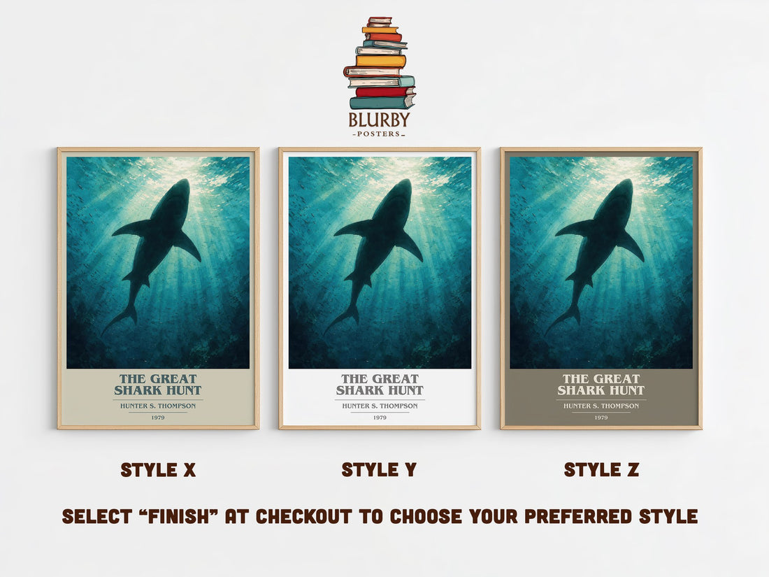 The great shark hunt book cover print in frame leaning in hallway – non fiction wall art (mockup)