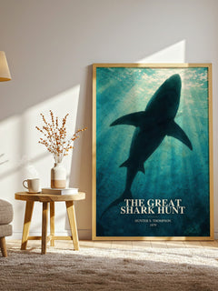 The great shark hunt watercolour print in frame leaning in hallway – non fiction wall art