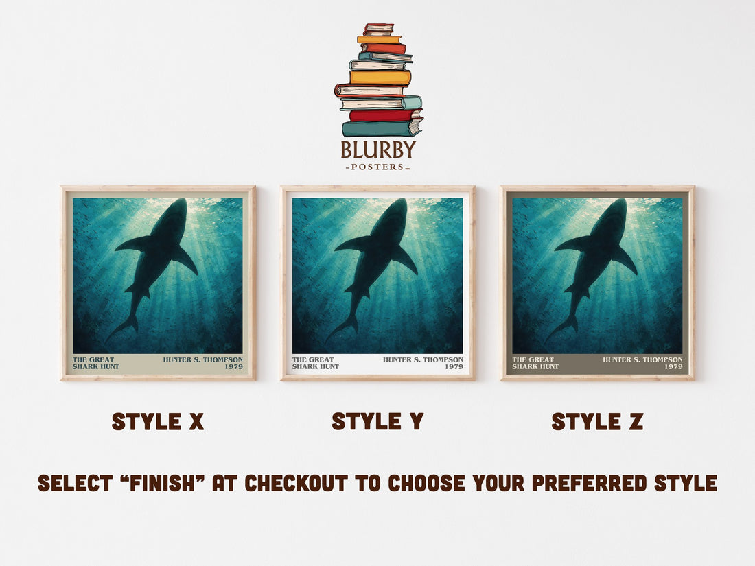 The great shark hunt literary print in frame leaning in hallway – non fiction wall art (mockup)