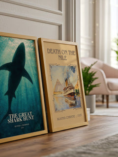 The great shark hunt watercolour print framed by window – literary home decor