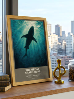 The great shark hunt book cover print framed by window – literary home decor