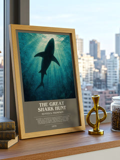 The great shark hunt bookish print framed by window – literary home decor