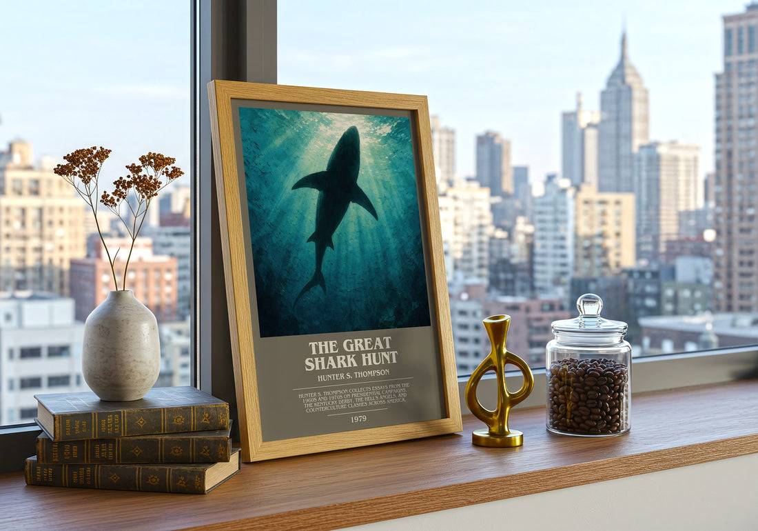 The great shark hunt bookish print framed by window – literary home decor