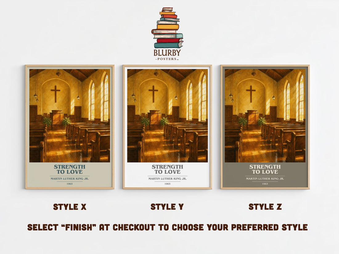 Strength to love book cover print in frame leaning in hallway – non fiction wall art (mockup)