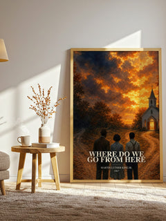 Where do we go from here watercolour print in frame leaning in hallway – non fiction wall art