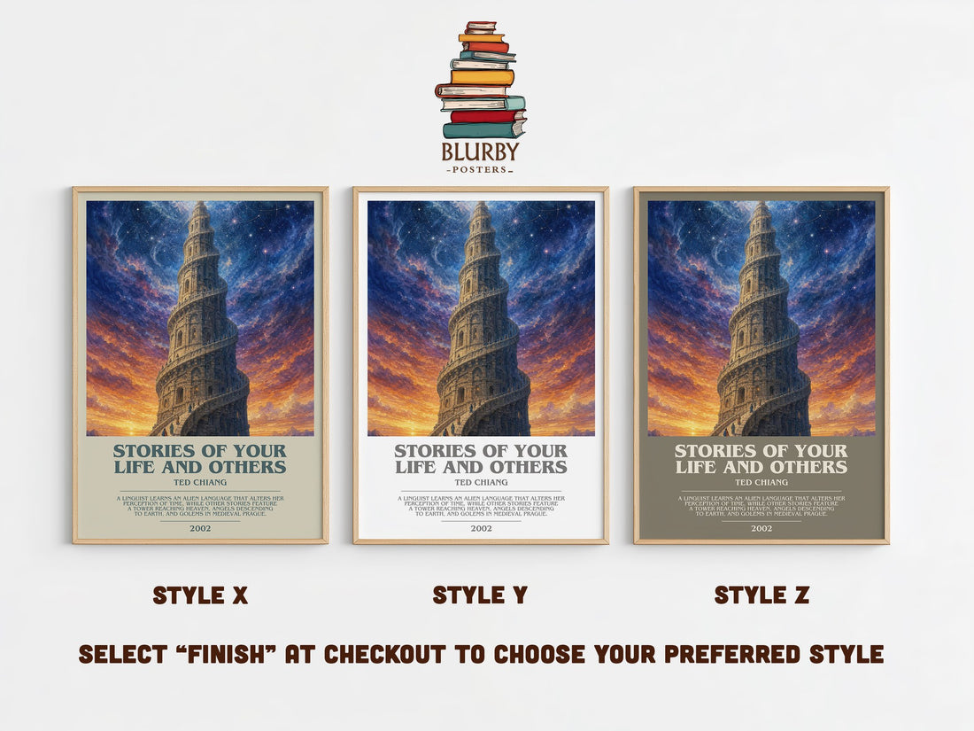 Stories of Your Life and Others bookish print in frame leaning in hallway – sci fi wall art (mockup)