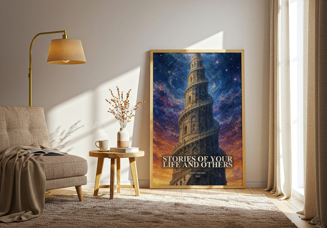 Stories of Your Life and Others watercolour print in frame leaning in hallway – sci fi wall art