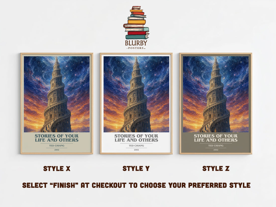 Stories of Your Life and Others book cover print in frame leaning in hallway – sci fi wall art (mockup)