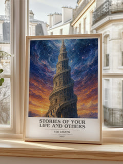 Stories of Your Life and Others Book Cover Poster by Ted Chiang – framed print by a bright window