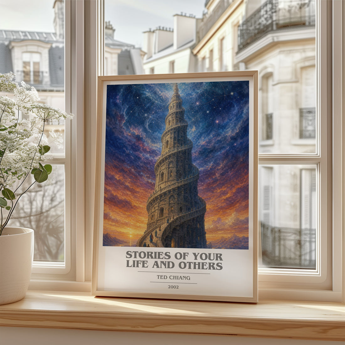 Stories of Your Life and Others Book Cover Poster by Ted Chiang – framed print by a bright window