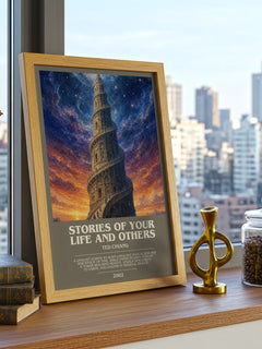 Stories of Your Life and Others bookish print framed by window – literary home decor