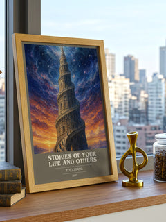 Stories of Your Life and Others Book Cover Poster by Ted Chiang – framed print on a city-view windowsill