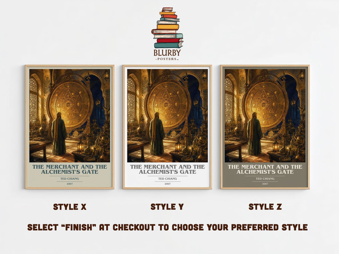 The Merchant and the Alchemist's Gate book cover print in frame leaning in hallway – sci fi wall art (mockup)
