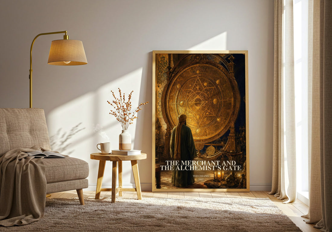 The Merchant and the Alchemist's Gate watercolour print in frame leaning in hallway – sci fi wall art