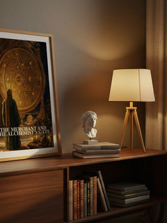 The Merchant and the Alchemist's Gate watercolour print on bookshelf – Ted Chiang fan gift