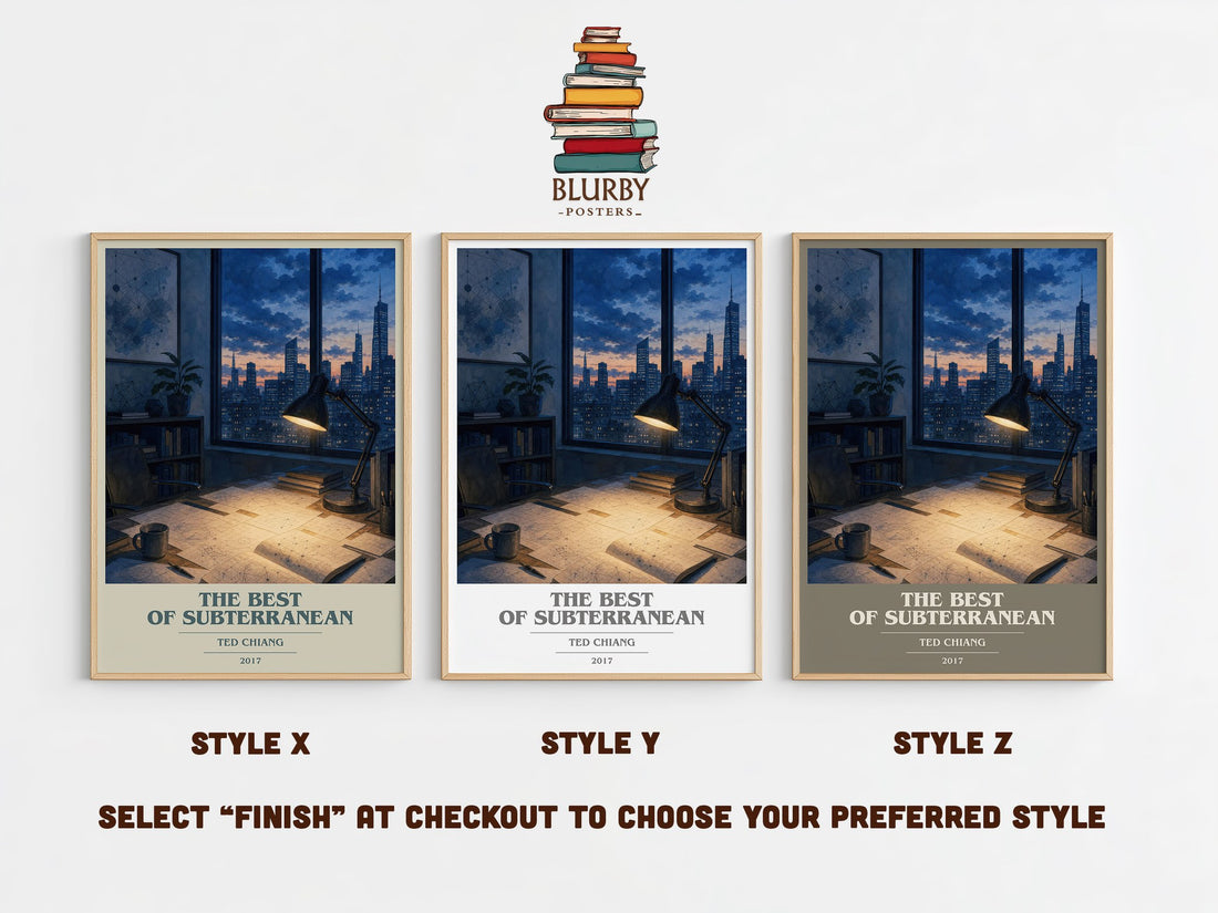 The Best of Subterranean book cover print in frame leaning in hallway – sci fi wall art (mockup)