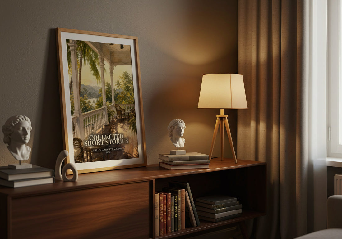 Collected short stories watercolour print on bookshelf – William Somerset Maugham fan gift