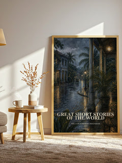 Great Short Stories of the World watercolour print in frame leaning in hallway – literary fiction wall art
